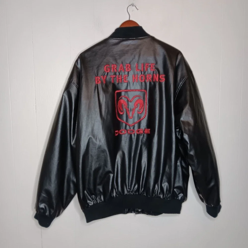 VTG Y2K Dodge Ram Faux Leather Bomber Jacket XL Black Red Embroidered Streetwear